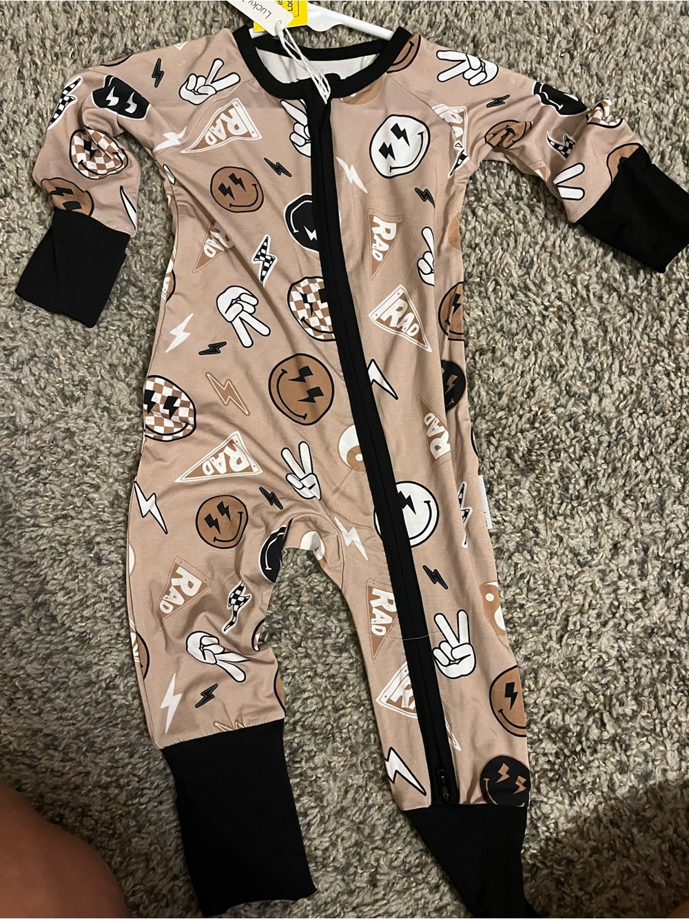 Kids Beige Graphic One-Piece Bodysuit with Black Trim